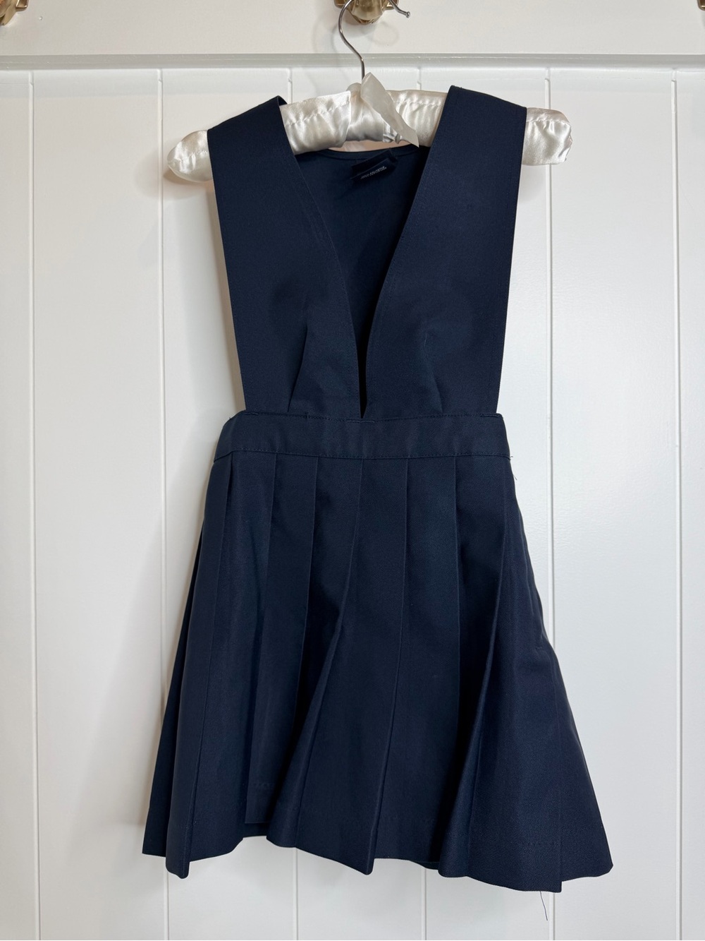 French Toast Navy Pleated Jumper Dress with V-Straps